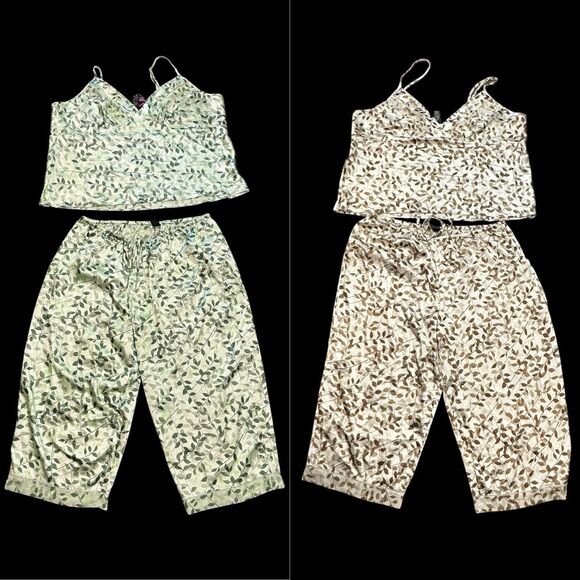 Secret Treasures Other - Secret Treasures 2 Pack Satin Pajama Sets Leaf Print Green Tan 3X Tops 2X Pants